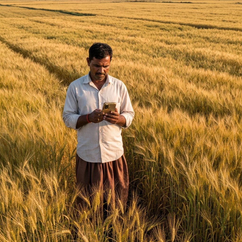Indian farmer using smartphone for agricultural traceability